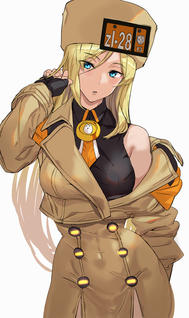 1girl ashiomi_masato bare_shoulders black_gloves blue_eyes blush coat covered_navel fingerless_gloves gloves guilty_gear guilty_gear_strive hair_between_eyes hat long_hair looking_at_viewer millia_rage off_shoulder parted_lips simple_background solo white_background