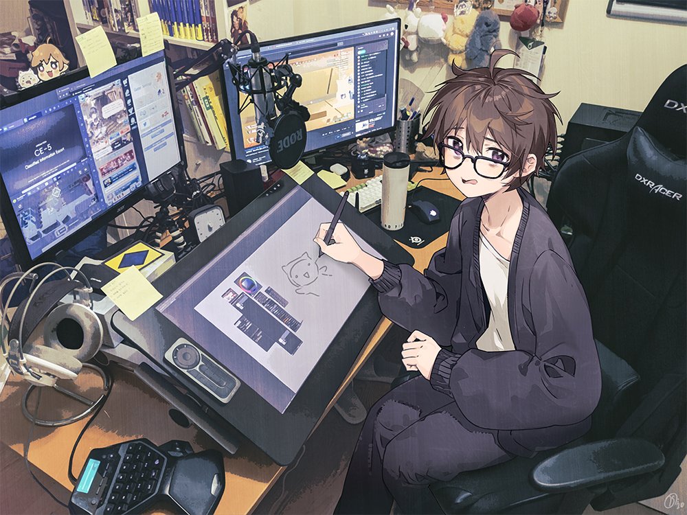 1girl ahoge black-framed_eyewear brown_hair chair collarbone commentary_request drawing_tablet eyebrows_visible_through_hair flat_chest glasses headphones holding holding_stylus indoors long_sleeves looking_at_viewer messy_hair monitor mouse_(computer) mousepad_(object) nagu original parted_lips shirt short_hair sitting solo stylus white_shirt
