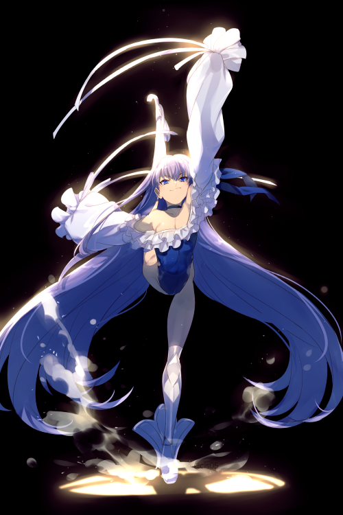 1girl arm_up ballet bangs bare_shoulders black_background blue_eyes blue_ribbon breasts choker cis05 closed_mouth collarbone dancing fate/grand_order fate_(series) frills greaves hair_ribbon highleg highleg_swimsuit leg_up long_hair long_sleeves looking_at_viewer meltryllis meltryllis_(swimsuit_lancer)_(fate) off-shoulder_swimsuit one-piece_swimsuit prosthesis puffy_sleeves purple_hair ribbon sleeves_past_fingers sleeves_past_wrists small_breasts smile spotlight swimsuit thighs very_long_hair white_ribbon