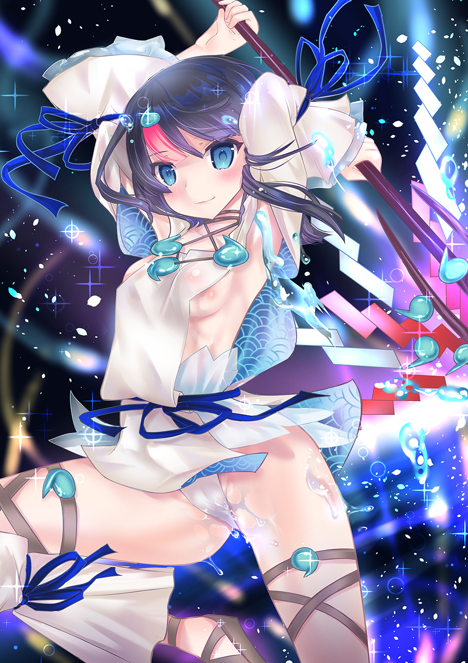 1girl armpits arms_up bangs bare_shoulders black_hair blue_eyes blue_ribbon blush breasts closed_mouth collarbone detached_leggings dress fate/grand_order fate/requiem fate_(series) fundoshi highres japanese_clothes jewelry long_sleeves looking_at_viewer magatama magatama_hair_ornament medium_breasts medium_hair mezashi_gohan multicolored_hair necklace pelvic_curtain pink_hair polearm puffy_long_sleeves puffy_sleeves ribbon short_dress sideboob sideless_outfit smile sparkle spear streaked_hair thighs utsumi_erise water_drop weapon white_dress white_legwear