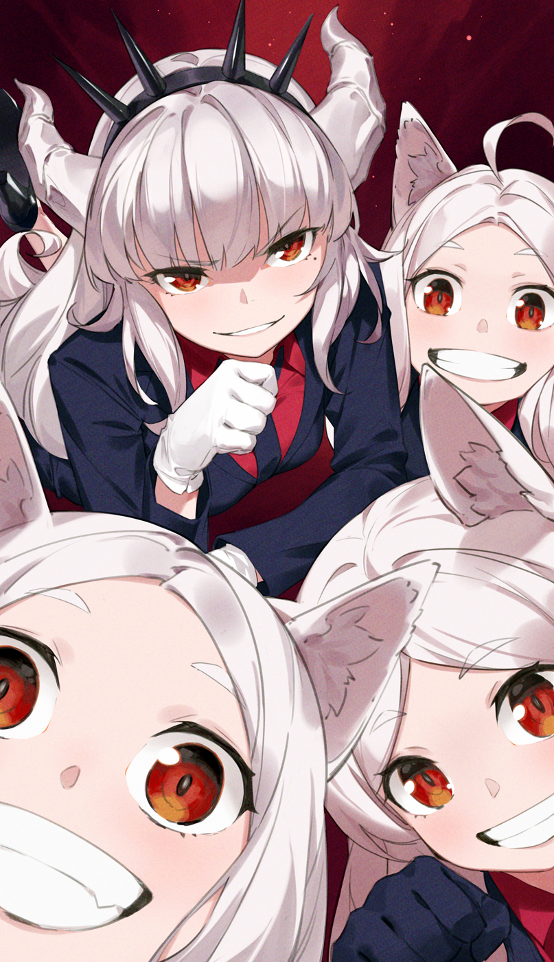 4girls :d ahoge animal_ear_fluff animal_ears bangs black_footwear black_jacket black_neckwear blunt_bangs cerberus_(helltaker) collared_shirt commentary_request demon_girl demon_horns dog_ears eyebrows_visible_through_hair gloves grin hairband helltaker high_heels highres horns jacket long_sleeves looking_at_viewer looking_back lucifer_(helltaker) lying mole mole_under_eye multiple_girls on_stomach open_mouth parted_bangs paw_pose red_eyes red_shirt shaded_face shirt silver_hair smile spiked_hairband spikes teeth v-shaped_eyebrows white_gloves yijian_ma