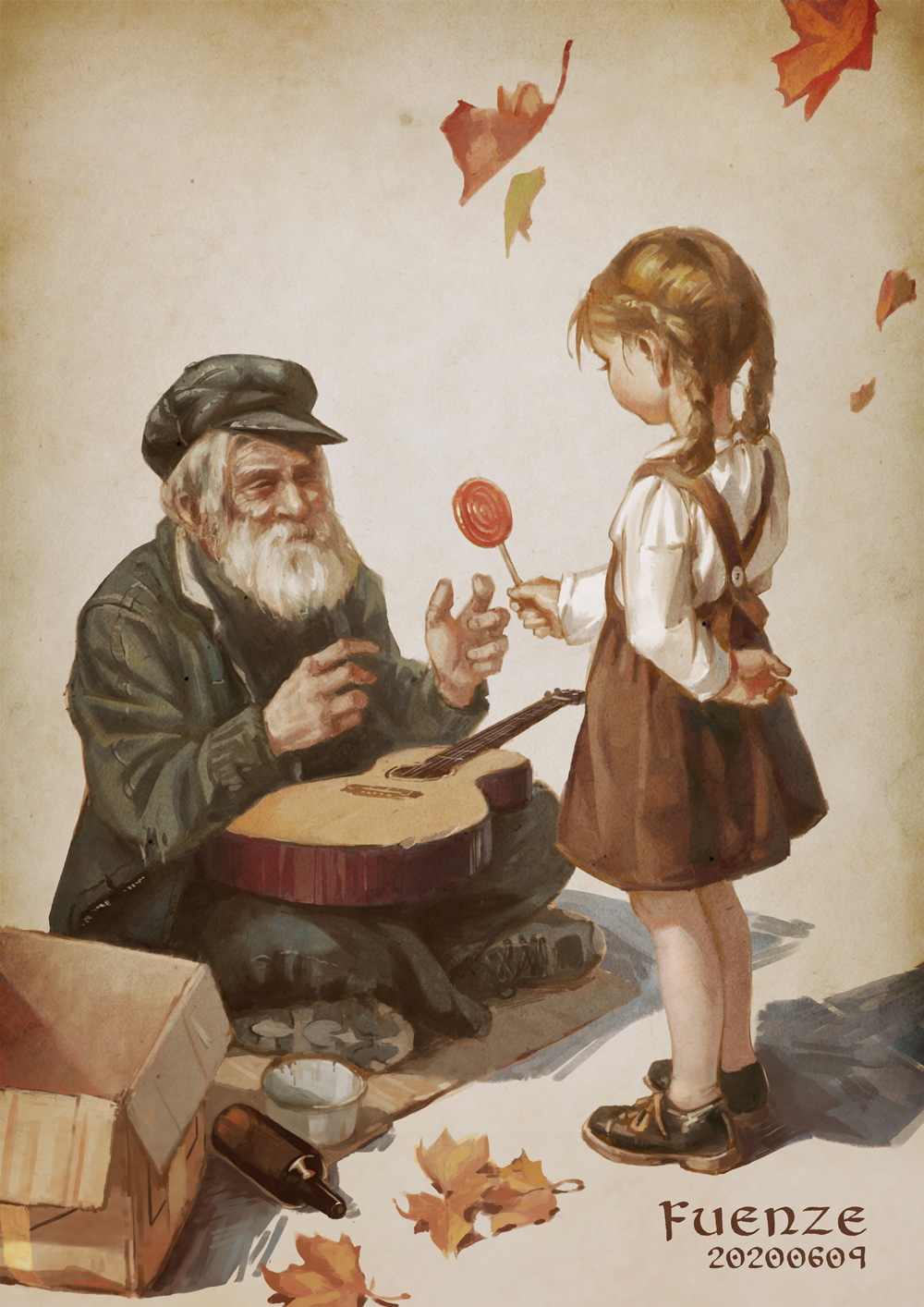 1boy 1girl acoustic_guitar arm_behind_back autumn_leaves beard black_footwear bottle bowl box braid brown_background brown_dress brown_hair candy cardboard_box child coat commentary_request cross-laced_footwear dress eyelashes facial_hair falling_leaves food giving guitar hat highres holding holding_food homeless indian_style instrument leaf lollipop long_sleeves making-of_available mattress old_man original outstretched_hand pants pinafore_dress shadow shirt shoe_soles shoes sitting smile sneakers standing swirl_lollipop twin_braids twintails white_shirt wrinkles xiaobanbei_milk