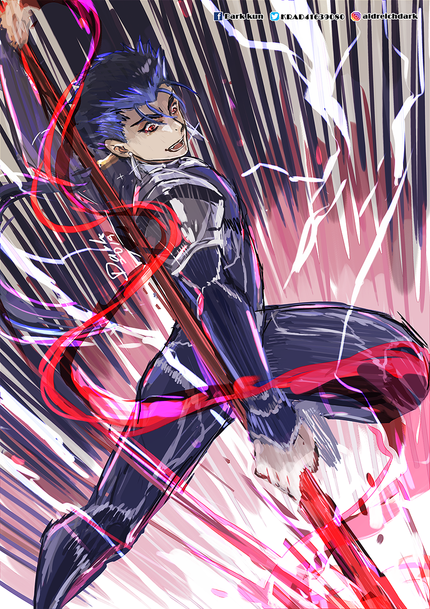 1boy blue_bodysuit blue_hair bodysuit cu_chulainn_(fate)_(all) darkn2ght_(bluepeppermints) earrings fate/grand_order fate/stay_night fate_(series) gae_bolg hair_strand highres holding holding_spear holding_weapon jewelry lancer long_hair looking_away male_focus open_mouth polearm ponytail red_eyes shoulder_armor signature solo spear watermark weapon