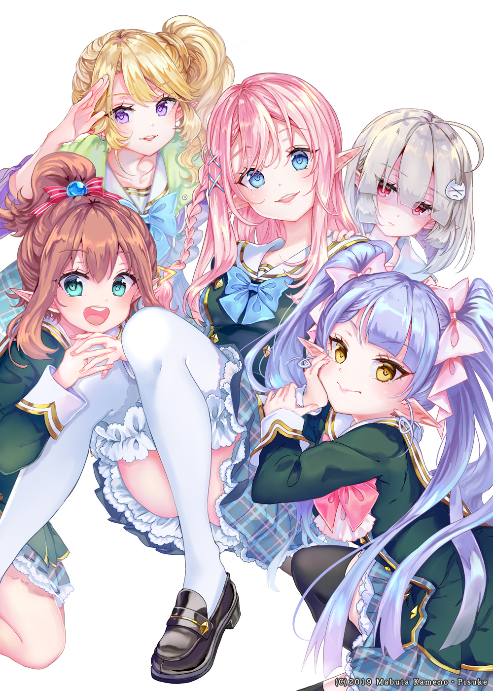 2019 5girls :&gt; :d aqua_eyes arm_up artist_name bangs black_footwear black_legwear blonde_hair blue_bow blue_eyes blue_hair blunt_bangs blush bow bowtie braid brown_hair cat_hair_ornament character_request closed_mouth collarbone elf elf_gakuen_no_love_come_wa_sotsugyou_dekinai eyebrows_visible_through_hair eyes_visible_through_hair hair_between_eyes hair_bow hair_ornament hand_on_another's_shoulder hand_on_own_cheek highres kneeling layered_skirt loafers long_hair long_sleeves looking_at_viewer multiple_girls novel_illustration official_art open_mouth parted_lips pink_hair pisuke plaid plaid_skirt pointy_ears ponytail red_eyes round_teeth school_uniform shaded_face shoes side_ponytail sidelocks sitting skirt smile teeth textless thigh-highs twintails upper_teeth upskirt violet_eyes wavy_hair white_background white_legwear x_hair_ornament yellow_eyes