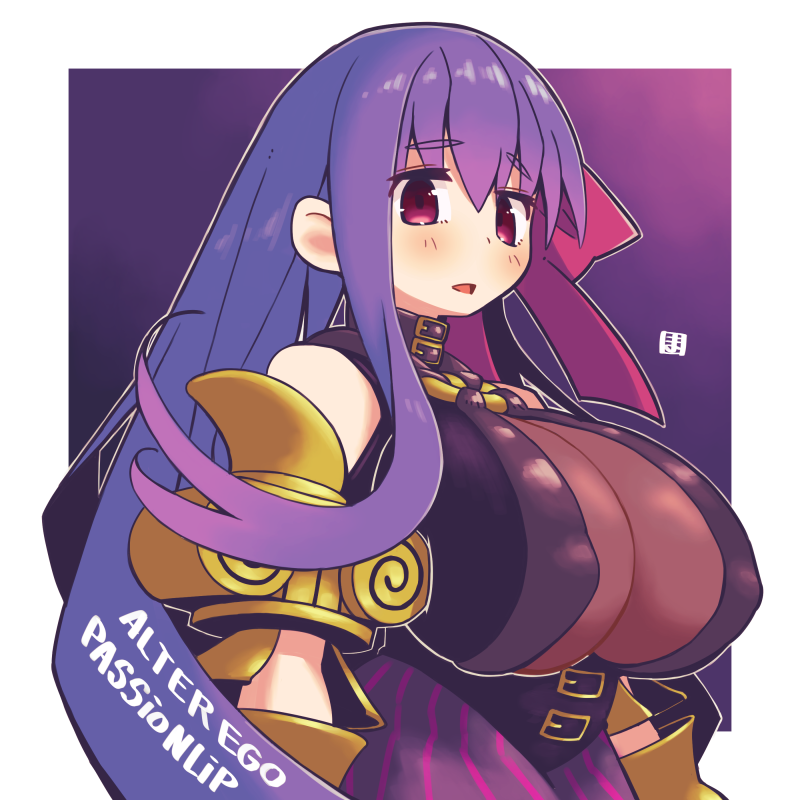 1girl bow breasts character_name choker covered_nipples fate/extra fate/extra_ccc fate/grand_order fate_(series) hair_bow huge_breasts long_hair mawaru_(mawaru) passionlip pink_eyes purple_hair signature very_long_hair