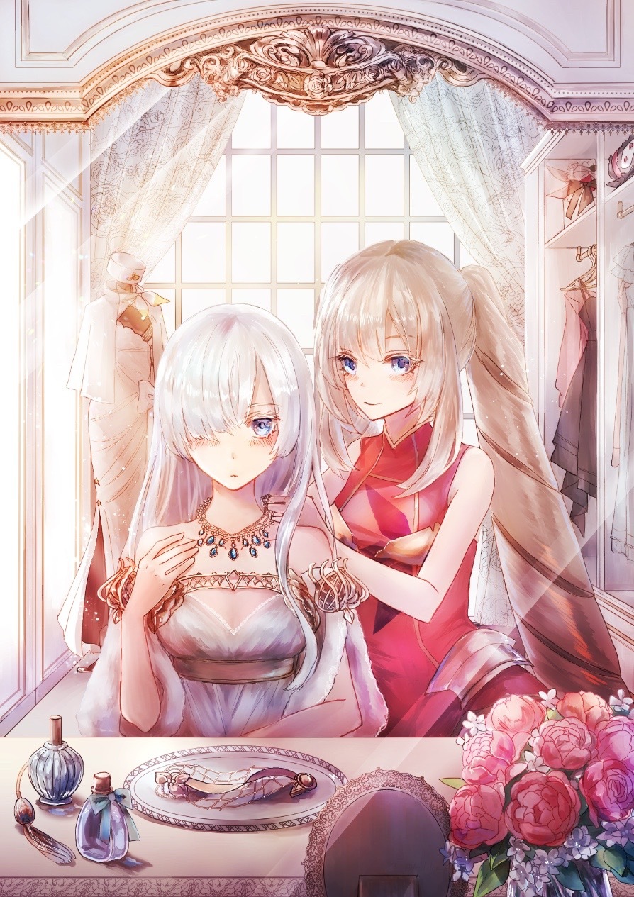 2girls anastasia_(fate/grand_order) blue_eyes byuura_(sonofelice) dress fate/grand_order fate_(series) flower hair_over_one_eye highres indoors jewelry long_hair marie_antoinette_(fate/grand_order) mirror multiple_girls necklace off_shoulder red_flower silver_hair twintails very_long_hair