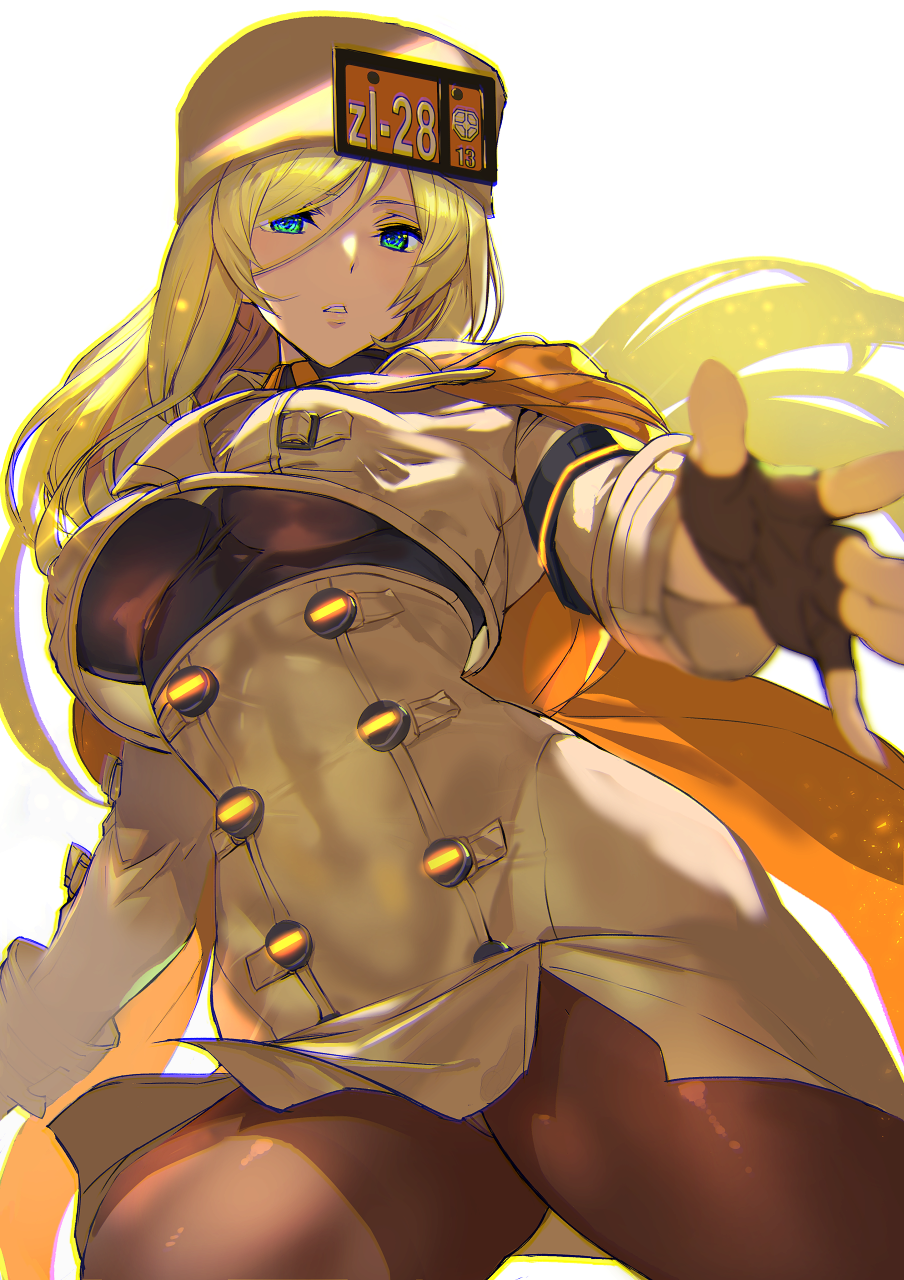 1girl ashiomi_masato blonde_hair blue_eyes breasts brown_legwear coat guilty_gear guilty_gear_strive hair_between_eyes hat highres long_hair looking_at_viewer millia_rage pantyhose parted_lips simple_background solo very_long_hair white_background