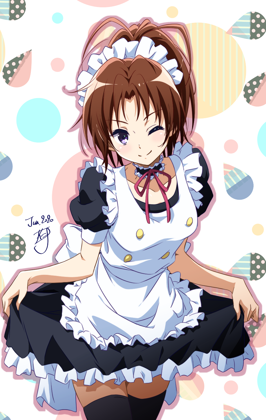 1girl apron bangs birthday black_legwear brown_hair choker collarbone commentary dated eyebrows_visible_through_hair hibike!_euphonium highres lifted_by_self long_hair looking_at_viewer maid maid_apron maid_headdress nakagawa_natsuki nii_manabu one_eye_closed ponytail shiny shiny_hair short_sleeves signature skirt skirt_lift smile solo thigh-highs violet_eyes