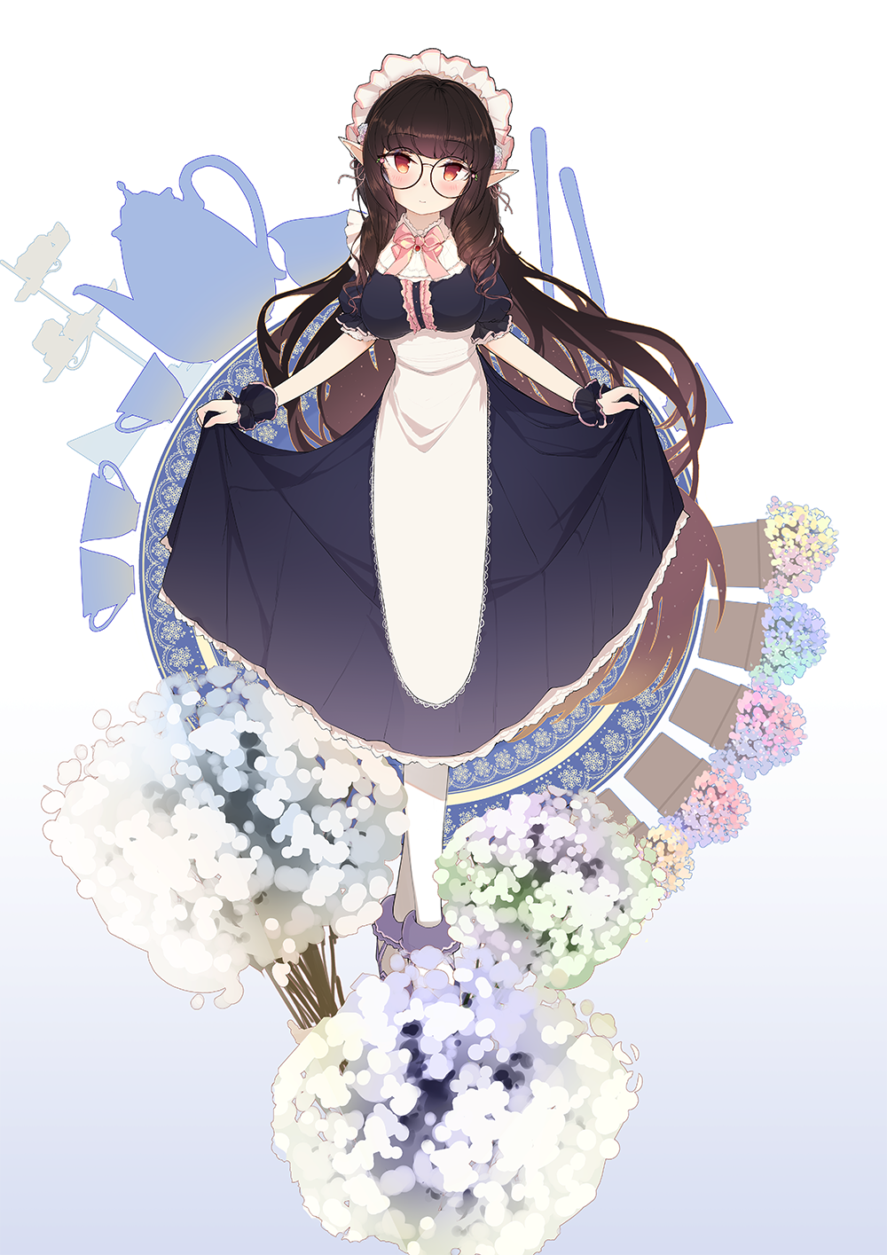 1girl apron black_dress black_hair blue_background blue_flower blush breasts brown_hair closed_mouth commentary_request curtsey dress flower full_body futoshi_ame glasses gradient gradient_background green_flower highres long_hair looking_at_viewer medium_breasts original pantyhose puffy_short_sleeves puffy_sleeves purple_flower red_eyes short_sleeves skirt_hold smile solo standing very_long_hair waist_apron white_apron white_background white_footwear white_legwear wrist_cuffs yellow_flower