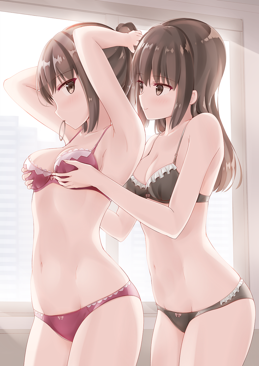 2girls adjusting_hair armpits bangs black_bra black_panties bra breast_grab breasts brown_hair closed_mouth eyebrows_visible_through_hair grabbing grabbing_from_behind highres kamakama_(kdmorh_kamakama) long_hair looking_at_another medium_breasts mouth_hold multiple_girls navel original panties ponytail red_bra red_panties short_hair smile underwear underwear_only window yuri