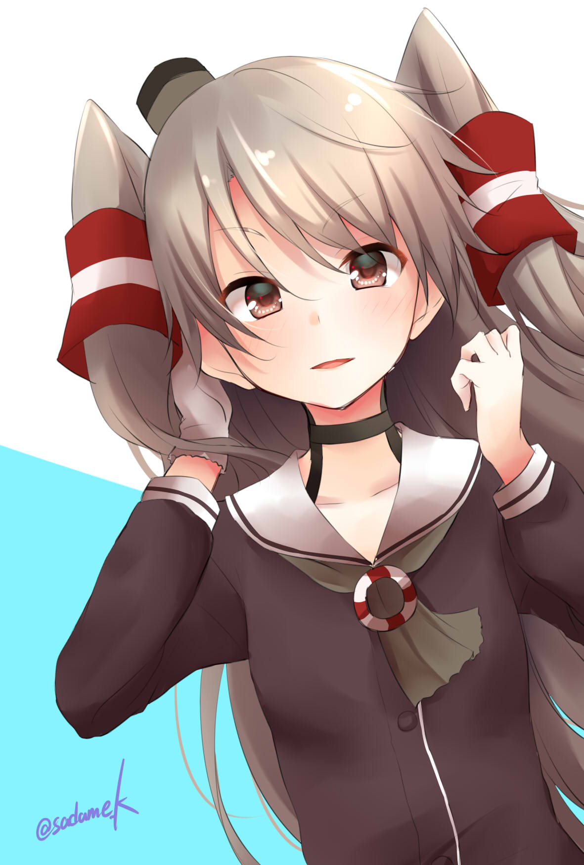 1girl amatsukaze_(kantai_collection) black_choker blue_background brown_dress brown_eyes choker commentary_request dress gloves hair_tubes highres kamijou_sadame kantai_collection lifebuoy long_hair looking_at_viewer sailor_dress silver_hair single_glove solo two-tone_background two_side_up upper_body white_background white_gloves windsock