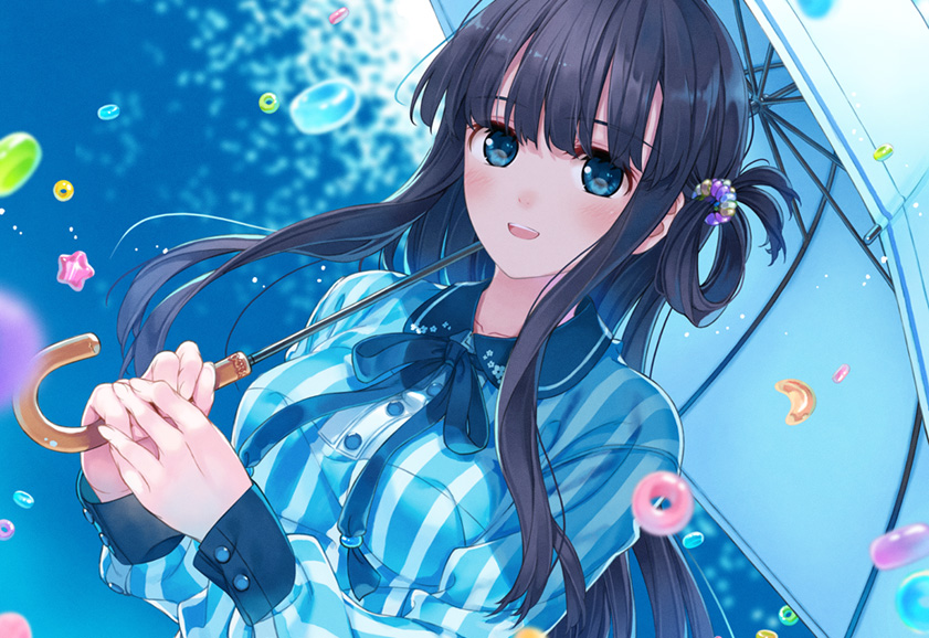 1girl :d amamiya_chiharu bangs black_hair blue_eyes blue_ribbon blush breasts candy candy_ring collared_dress commentary_request dress eyebrows_visible_through_hair food hair_rings holding holding_umbrella long_hair long_sleeves looking_at_viewer medium_breasts neck_ribbon open_mouth original ribbon sidelocks smile solo star_(symbol) striped umbrella upper_body upper_teeth vertical-striped_dress vertical_stripes white_umbrella