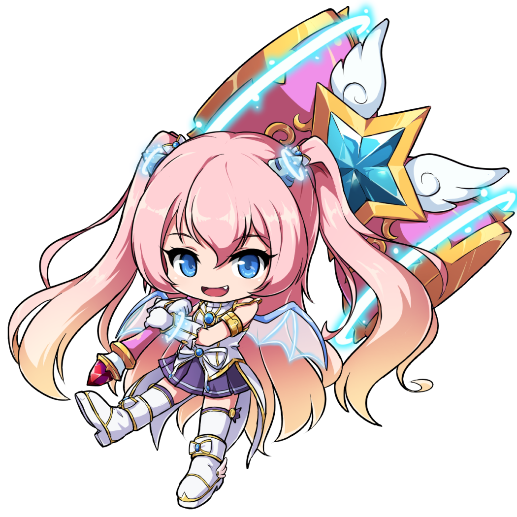 1girl :d angelic_buster bangs bare_shoulders blue_eyes boots brown_hair eyebrows_visible_through_hair fang full_body gloves glowing gradient_hair hair_between_eyes hair_ornament holding holding_hammer long_hair looking_at_viewer maplestory multicolored_hair nekono_rin open_mouth pink_hair pleated_skirt purple_skirt shirt simple_background skirt sleeveless sleeveless_shirt smile solo star_(symbol) thigh-highs thighhighs_under_boots transparent_wings two-handed two_side_up very_long_hair white_background white_footwear white_gloves white_legwear white_shirt