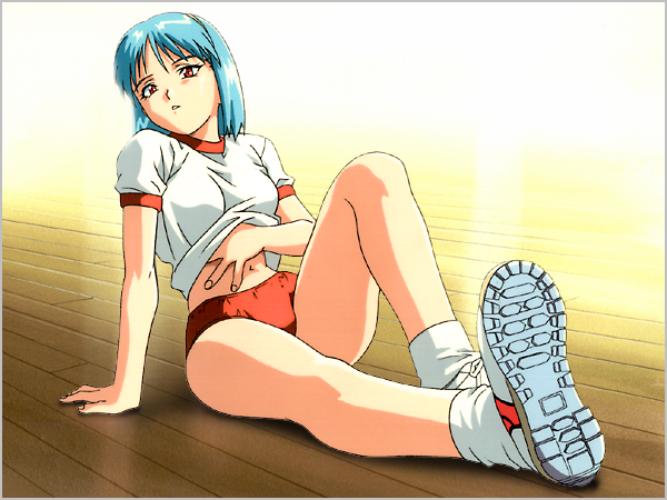 1990s_(style) 1girl buruma gym_uniform hand_on_own_stomach koizumi_hitomi light_blue_hair looking_at_viewer official_art on_floor red_buruma red_eyes shirt_lift shoes short_hair short_sleeves sitting sneakers solo wooden_floor yamada_masaki zenkoku_seifuku_bishoujo_grand_prix