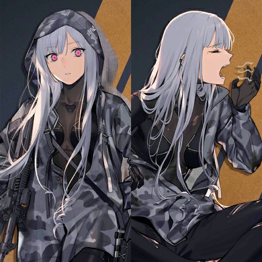 1girl bangs black_gloves closed_eyes commentary_request eyebrows_visible_through_hair girls_frontline gloves gun helpingdoge holding holding_gun holding_weapon hood hoodie long_hair looking_at_viewer open_mouth pants pink_eyes rifle sidelocks sitting tactical_clothes torn_clothes torn_pants weapon yawning