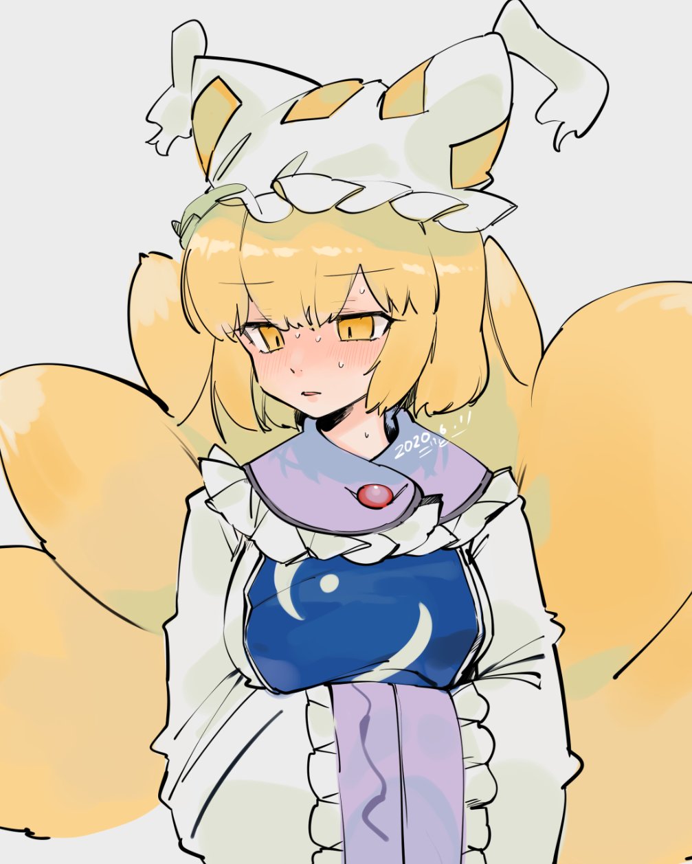 1girl blonde_hair blush breast_hold breasts dated full-face_blush gotoh510 grey_background hands_together hat highres medium_hair multiple_tails pillow_hat simple_background solo sweat tail touhou upper_body wide_sleeves yakumo_ran yellow_eyes