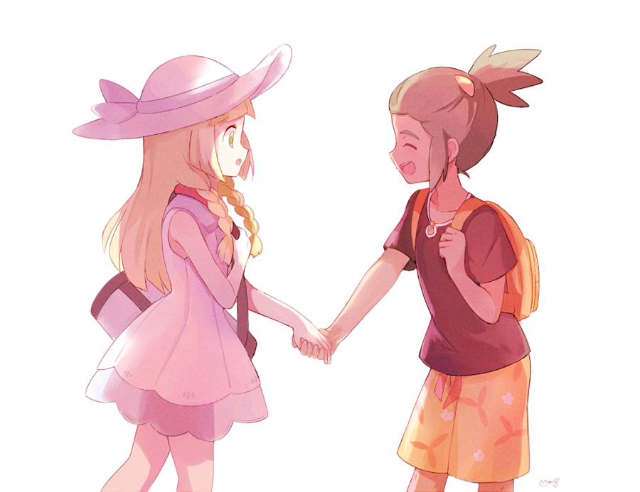 1boy 1girl bag black_shirt blonde_hair character_request closed_eyes dress eye_contact floral_print green_eyes green_hair happy hat holding_hands long_hair looking_at_another mei_(maysroom) open_mouth pokemon pokemon_(game) pokemon_sm shirt short_ponytail shorts shoulder_bag sun_hat upper_teeth white_background white_dress yellow_backpack yellow_shorts