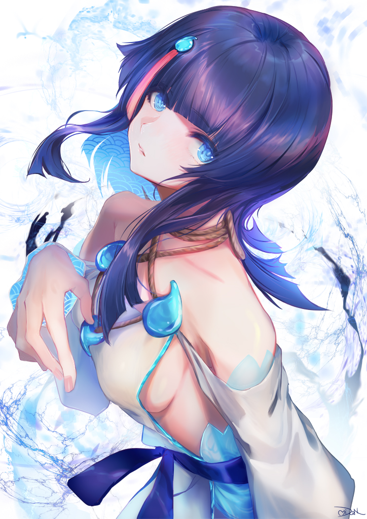 1girl bangs bare_shoulders black_hair blue_eyes blue_ribbon blush breasts closed_mouth collarbone dqn_(dqnww) dress fate/grand_order fate/requiem fate_(series) jewelry long_sleeves looking_at_viewer magatama magatama_hair_ornament medium_breasts medium_hair multicolored_hair necklace pink_hair puffy_long_sleeves puffy_sleeves ribbon short_dress sideboob sideless_outfit streaked_hair utsumi_erise white_dress