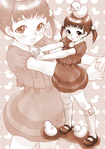1girl bird blush brown_dress brown_footwear brown_hair copyright_request dress duck inuburo looking_at_viewer outstretched_arms short_hair twintails white_legwear