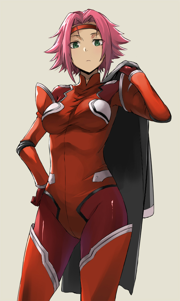 1girl bodysuit breasts code_geass expressionless gloves green_eyes grey_background hand_on_hip headband jacket_on_shoulders kallen_stadtfeld looking_at_viewer pink_hair red_gloves red_legwear short_hair simple_background solo tea_(nakenashi) thigh-highs