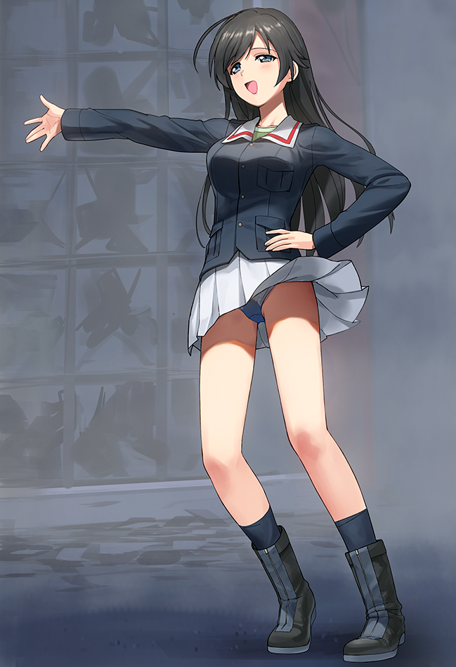 1girl a1 ahoge bangs black_eyes black_footwear black_hair black_legwear blue_jacket blush boots full_body girls_und_panzer green_shirt hand_on_hip isuzu_hana jacket long_hair long_sleeves military military_uniform miniskirt ooarai_military_uniform outstretched_arm outstretched_hand panties pantyshot pleated_skirt shirt skirt smile socks solo underwear uniform upskirt white_skirt zipper