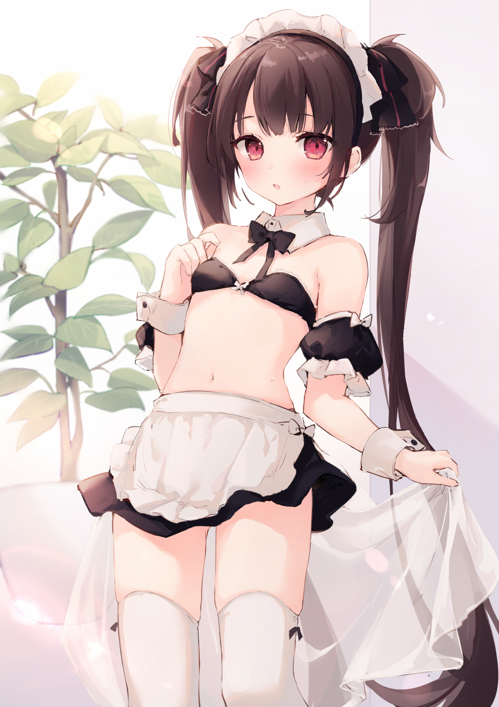 1girl apron bikini black_skirt blush bow breasts brown_hair commentary_request cowboy_shot detached_collar hair_bow highres long_hair looking_at_viewer maid maid_bikini navel original plant potted_plant red_eyes see-through skindentation skirt small_breasts solo suzumori_uina swimsuit thigh-highs thighs twintails very_long_hair waist_apron white_legwear window wrist_cuffs zettai_ryouiki