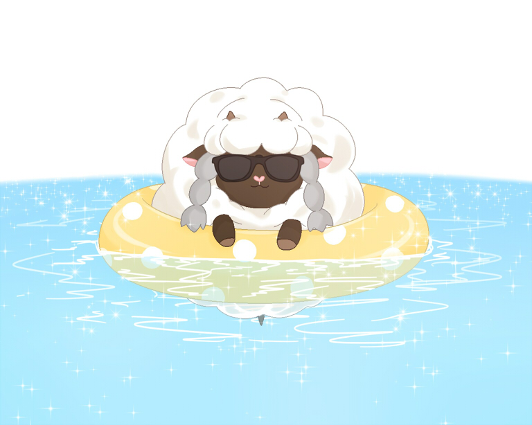 amano_himame commentary_request gen_8_pokemon heart horns in_water innertube looking_at_viewer no_humans pokemon pokemon_(creature) sheep smile sunglasses water white_background wooloo yellow_innertube