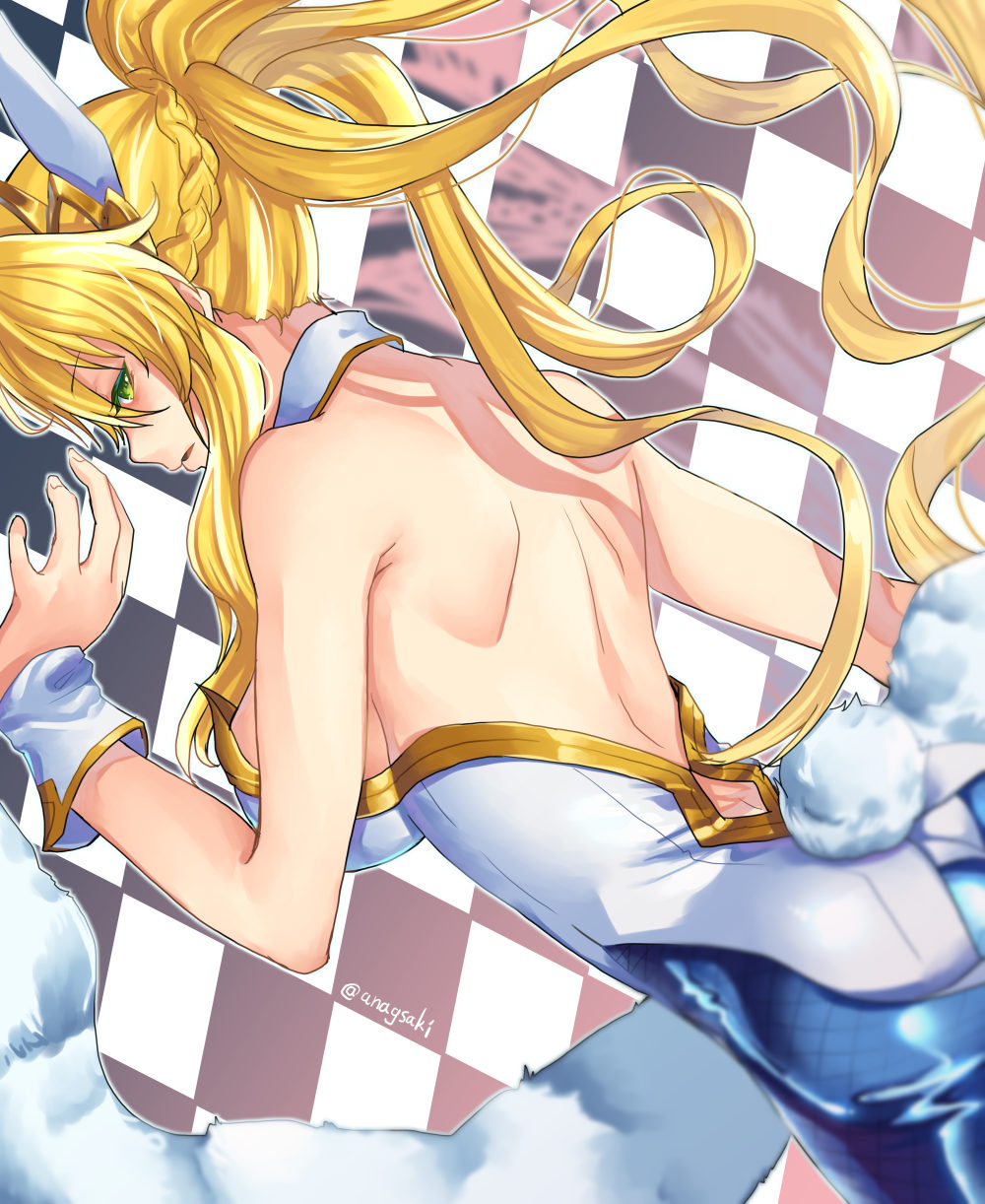 1girl ahoge animal_ears aona_(kuuga19yuu) artoria_pendragon_(all) artoria_pendragon_(swimsuit_ruler)_(fate) ass back bangs bare_shoulders blonde_hair blue_legwear braid breasts bunny_tail bunnysuit checkered checkered_background detached_collar fate/grand_order fate_(series) feather_boa fishnet_legwear fishnets french_braid green_eyes hair_between_eyes highleg highleg_leotard highres large_breasts leotard long_hair looking_at_viewer looking_back parted_lips ponytail rabbit_ears sidelocks tail tiara white_leotard wrist_cuffs