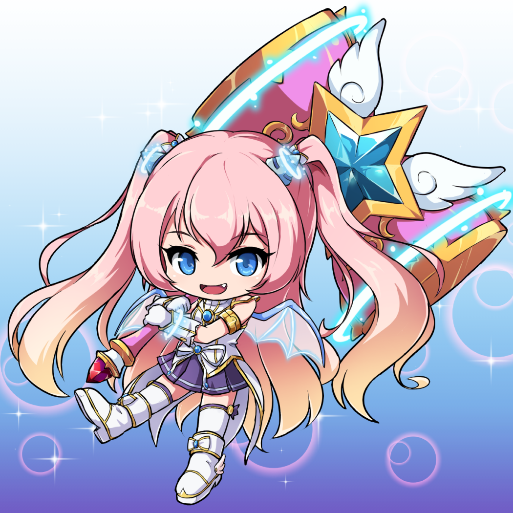 1girl :d angelic_buster bangs bare_shoulders blue_background blue_eyes boots brown_hair commentary_request eyebrows_visible_through_hair fang full_body gloves glowing gradient gradient_background gradient_hair hair_between_eyes hair_ornament holding holding_hammer long_hair looking_at_viewer maplestory multicolored_hair nekono_rin open_mouth pink_hair pleated_skirt purple_background purple_skirt shirt skirt sleeveless sleeveless_shirt smile solo sparkle_background star_(symbol) thigh-highs thighhighs_under_boots transparent_wings two-handed two_side_up very_long_hair white_footwear white_gloves white_legwear white_shirt