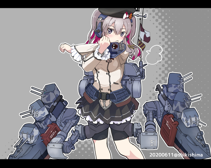 1girl adapted_costume badge bike_shorts black_skirt blue_eyes buttons camouflage cannon commentary_request cowboy_shot dated epaulettes frilled_sleeves frills gloves grey_background jacket kantai_collection kashima_(kantai_collection) long_sleeves military military_jacket military_uniform miniskirt neckerchief pleated_skirt red_neckwear shikishima_fugen shorts shorts_under_skirt sidelocks silver_hair skirt solo standing turret twintails twitter_username uniform wavy_hair white_gloves white_jacket