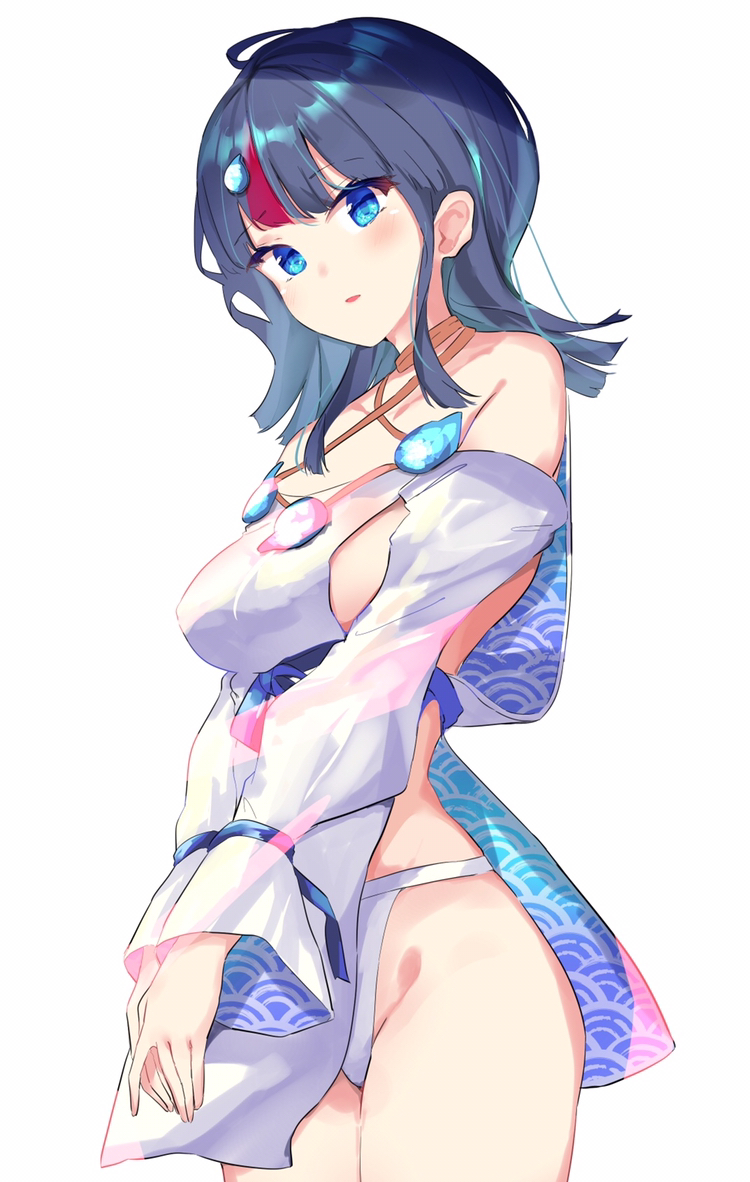 1girl artist_request bangs bare_shoulders black_hair blue_eyes blue_ribbon blush breasts collarbone dress fate/grand_order fate/requiem fate_(series) fundoshi japanese_clothes jewelry long_sleeves looking_at_viewer magatama magatama_hair_ornament medium_breasts medium_hair multicolored_hair necklace open_mouth pelvic_curtain pink_hair puffy_long_sleeves puffy_sleeves ribbon short_dress sideboob sideless_outfit simple_background streaked_hair thighs utsumi_erise white_background white_dress