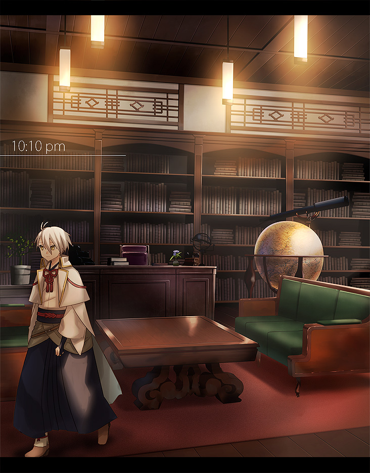 1other book bookshelf bridal_gauntlets cape chair couch desk globe hakama houhou_(black_lack) japanese_clothes katsugeki/touken_ranbu office plant potted_plant saniwa_(katsugeki/touken_ranbu) smile telescope touken_ranbu walking white_hair yellow_eyes