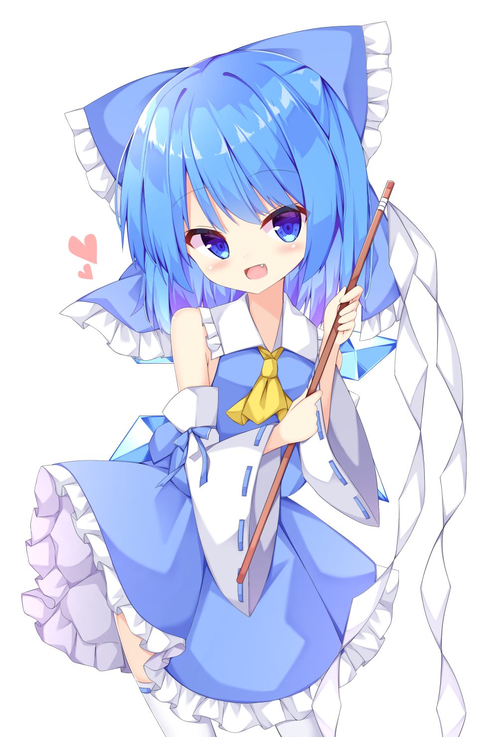 1girl alternate_color blue_eyes blue_hair blue_skirt blue_vest bow cirno contrapposto cosplay cowboy_shot cravat detached_sleeves eyebrows_visible_through_hair fang gohei hair_between_eyes hair_bow hakurei_reimu hakurei_reimu_(cosplay) head_tilt heart highres holding kuraaken light_blush open_mouth petticoat player_2 ribbon-trimmed_sleeves ribbon_trim short_hair simple_background skirt solo standing thigh-highs touhou vest white_background white_legwear yellow_neckwear