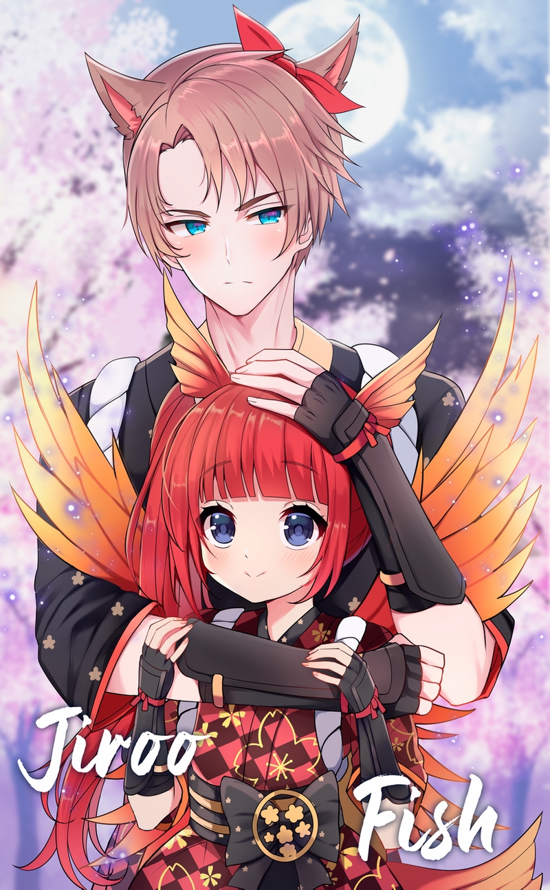 1boy 1girl :&gt; animal_ears black_eyes black_gloves blade_&amp;_soul blue_eyes blush bow brown_hair cat_ears closed_mouth commission elbow_gloves eyebrows_visible_through_hair fingerless_gloves gloves hair_bow highres jirafuru long_hair looking_at_viewer red_bow redhead short_hair twintails