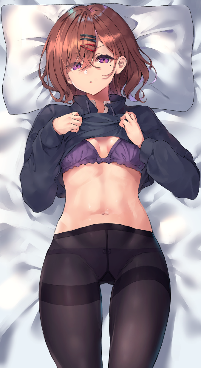 1girl bangs bed bed_sheet black_hoodie black_legwear blush bow bow_panties bra breasts brown_hair commentary_request crotch_seam eyebrows_visible_through_hair eyes_visible_through_hair from_above gusset hair_ornament hairclip highres higuchi_madoka idolmaster idolmaster_shiny_colors lifted_by_self long_sleeves looking_at_viewer lying mole mole_under_eye navel no_pants on_back on_bed open_mouth panties panties_under_pantyhose pantyhose pillow purple_bra purple_panties rangen shirt_lift short_hair small_breasts solo thighband_pantyhose underwear violet_eyes