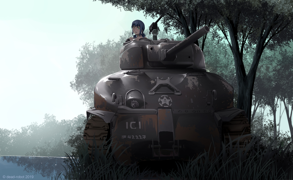 1girl cannon caterpillar_tracks dead-robot grass ground_vehicle gun lake m4_sherman machine_gun military military_vehicle motor_vehicle original scenery tank tree water weapon