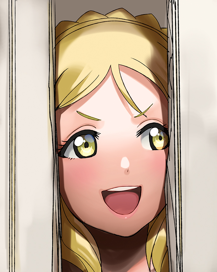 a1 birthday blonde_hair braid broken_door crown_braid evil_smile glance green_eyes hair_rings here's_johnny! hole_in_wall looking_to_the_side love_live! love_live!_sunshine!! ohara_mari parody portrait smile the_shining v-shaped_eyebrows yellow_eyes