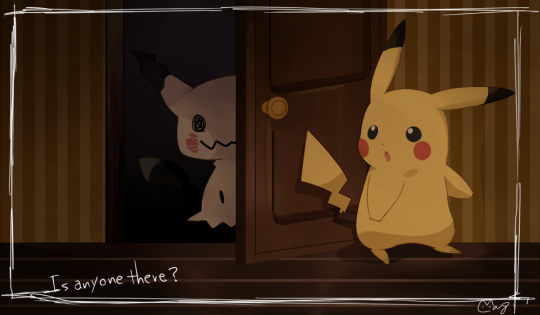 :o commentary_request door english_text gen_1_pokemon gen_7_pokemon hiding indoors mei_(maysroom) mimikyu no_humans open_door peeking_out pikachu pokemon pokemon_(creature) signature standing