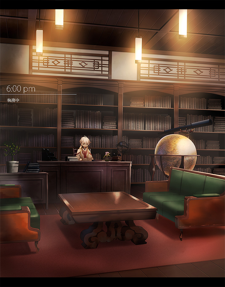 1other book bookshelf cape chair couch desk globe houhou_(black_lack) katsugeki/touken_ranbu office plant potted_plant saniwa_(katsugeki/touken_ranbu) sitting telescope touken_ranbu translation_request white_hair writing yellow_eyes