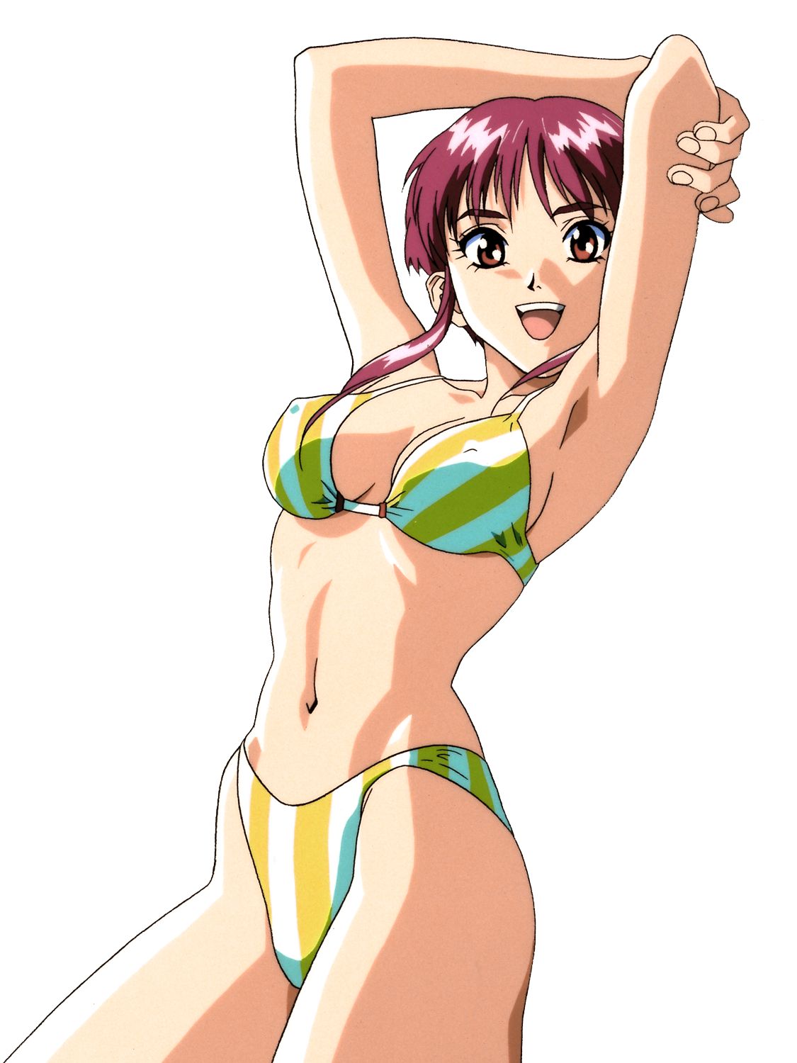 1990s_(style) 1girl arm_grab armpits arms_up bikini breasts brown_eyes covered_nipples cowboy_shot highres looking_at_viewer medium_breasts navel official_art open_mouth red_eyes short_hair simple_background solo striped striped_bikini swimsuit upper_teeth white_background yamada_masaki zenkoku_seifuku_bishoujo_grand_prix