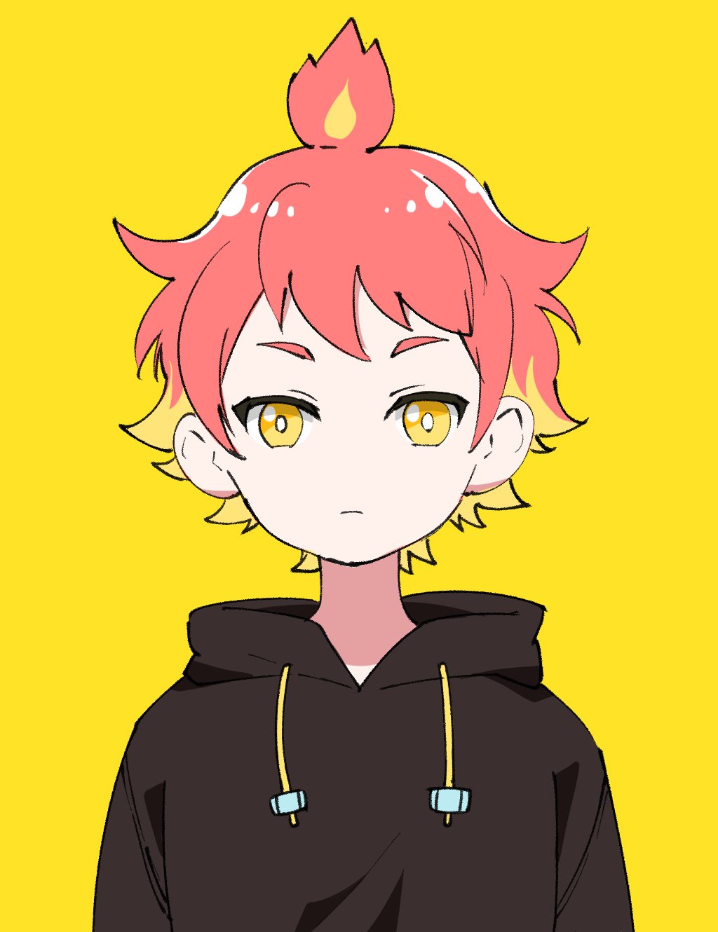 1boy bangs black_hoodie blonde_hair closed_mouth commentary_request drawstring highres hikasa_shikatarou hood hood_down hoodie kiko_(kikobooom) looking_at_viewer male_focus multicolored_hair official_art redhead simple_background solo thick_eyebrows two-tone_hair upper_body virtual_youtuber voms yellow_background yellow_eyes