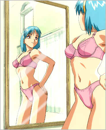 1990s_(style) 1girl bra hairband hand_on_hip koizumi_hitomi light_blue_hair looking_at_mirror lowres mirror navel official_art panties pink_bra pink_panties red_eyes reflection short_hair smile solo underwear underwear_only yamada_masaki zenkoku_seifuku_bishoujo_grand_prix