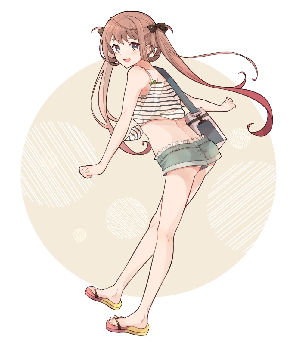 1girl :d alternate_costume asagumo_(kantai_collection) bag bare_arms bare_shoulders blue_shorts blush brown_hair full_body grey_eyes kantai_collection long_hair looking_at_viewer looking_to_the_side open_mouth sandals shakemi_(sake_mgmgmg) shorts shoulder_bag smile solo striped toes twintails