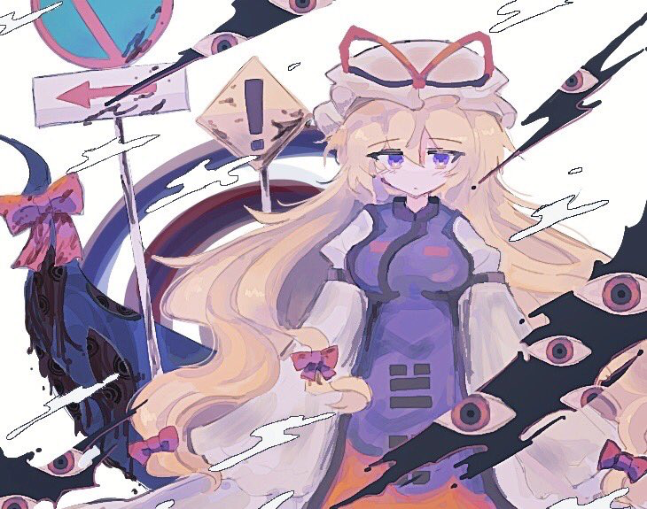1girl arm_strap arms_at_sides artist_request big_hair blonde_hair bow breasts dress expressionless eyes flame_print gap_(touhou) gradient_eyes hair_bow hat hat_ribbon long_hair looking_at_viewer mob_cap multicolored multicolored_eyes ooze red_eyes red_ribbon ribbon road_sign sign solo tabard touhou trigram very_long_hair violet_eyes white_background white_dress white_headwear wide_sleeves yakumo_yukari yellow_eyes yin_yang_print