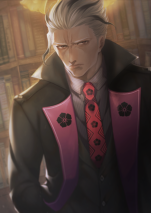 akechi_mitsuhide_(fate/grand_order) black_hair book bookshelf closed_eyes collar fate/grand_order fate_(series) frown hand_in_pocket high_collar iduhara_jugo japanese_clothes library light long_sleeves looking_at_viewer multicolored_hair necktie red_eyes red_neckwear shadow shirt streaked_hair two-tone_hair upper_body white_hair