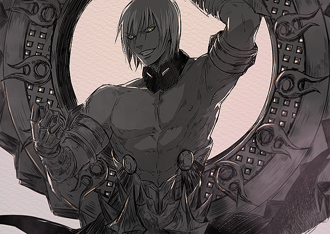 1boy abs armor ashwatthama_(fate/grand_order) bangs bare_shoulders chest dark_skin dark_skinned_male fate/grand_order fate_(series) gauntlets greyscale holding holding_weapon huge_weapon iduhara_jugo looking_at_viewer male_focus monochrome muscle nipples shirtless simple_background smile solo teeth upper_body weapon wheel yellow_eyes