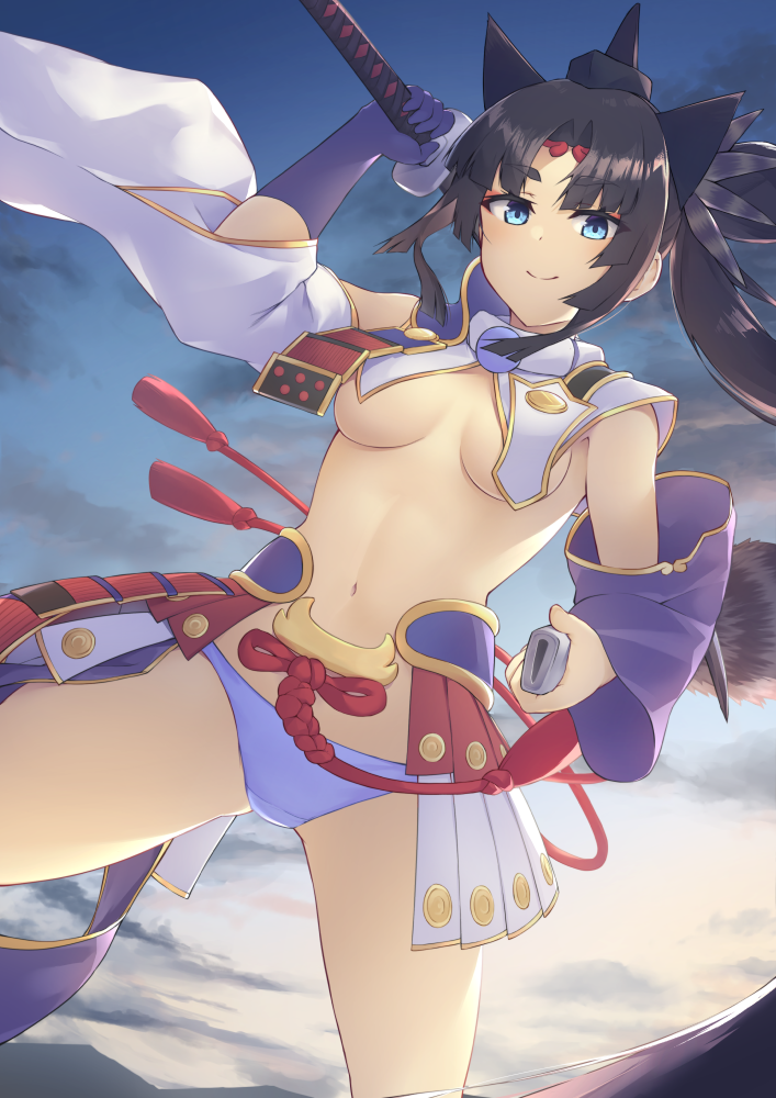 1girl armor bangs black_hair blue_eyes blue_panties blush breast_curtains breasts detached_sleeves fate/grand_order fate_(series) feathers hair_feathers japanese_armor katana long_hair long_sleeves looking_at_viewer medium_breasts mismatched_sleeves navel p!nta panties parted_bangs side_ponytail smile sword thick_eyebrows underwear ushiwakamaru_(fate/grand_order) weapon