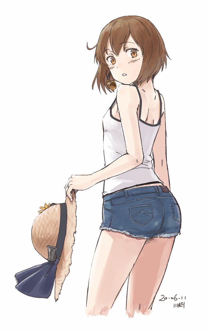 1girl alternate_costume artist_name ass blue_shorts brown_eyes brown_hair camisole casual cowboy_shot cropped_legs dated denim denim_shorts hat hat_removed headwear_removed kantai_collection kawashina_(momen_silicon) looking_at_viewer parted_lips short_hair shorts simple_background solo speaking_tube_headset standing straw_hat sun_hat tank_top white_background white_camisole yukikaze_(kantai_collection)