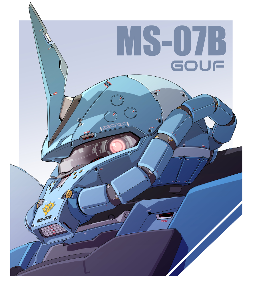 character_name clip_studio_paint_(medium) close-up glowing glowing_eye gouf gundam insignia looking_at_viewer mao_(6r) mecha mobile_suit_gundam no_humans one-eyed pink_eyes solo zeon