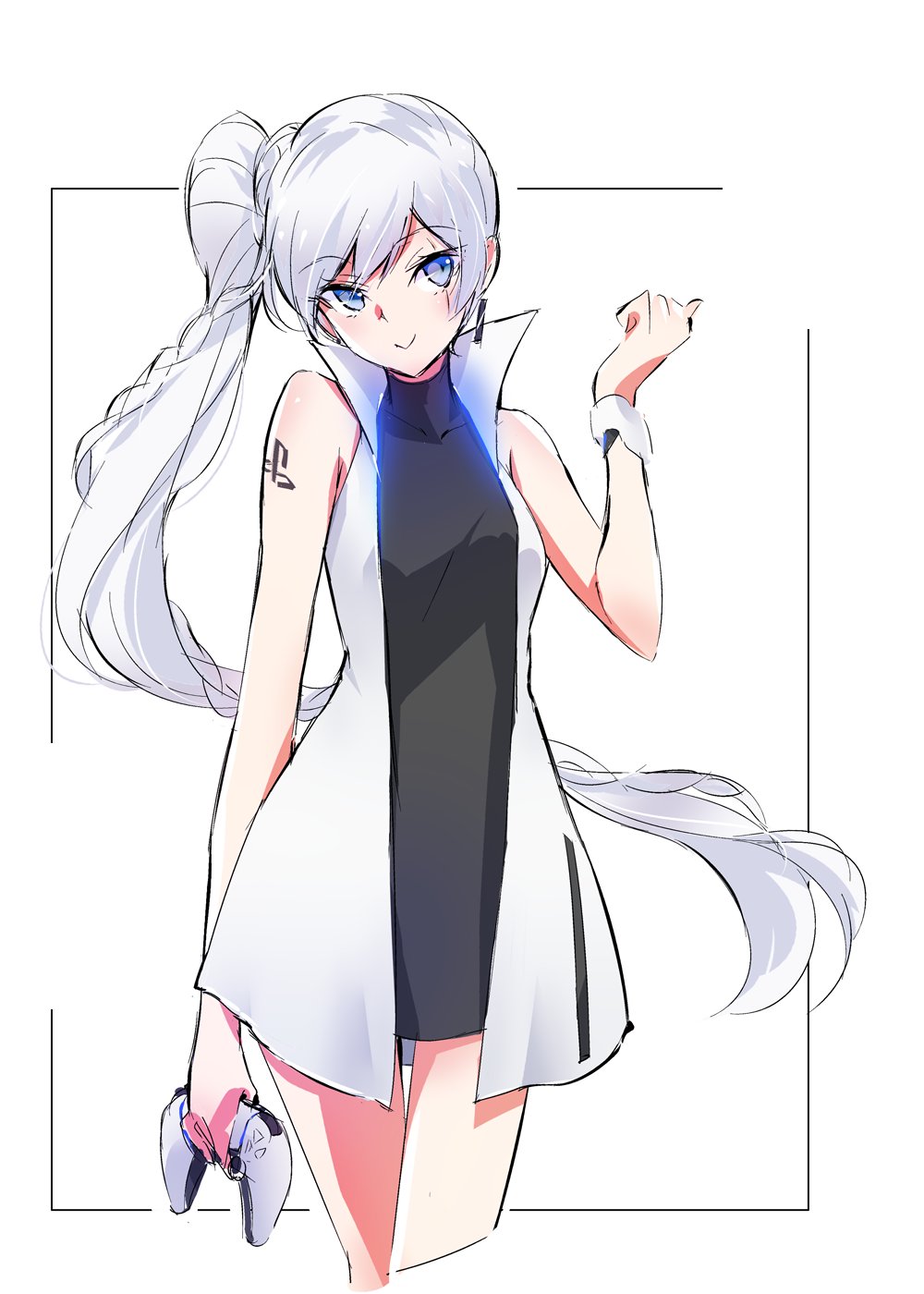 blue_eyes controller dualsense earrings game_controller highres iesupa jewelry long_hair personification playstation_5 ponytail rwby scar scar_across_eye side_ponytail sony two-tone weiss_schnee white_hair